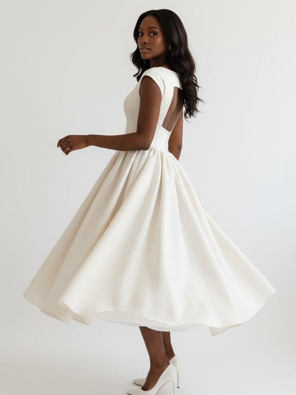 Robe Col Bateau Midi – Dos Ouvert Découpe Carrée & Jupe Évasée