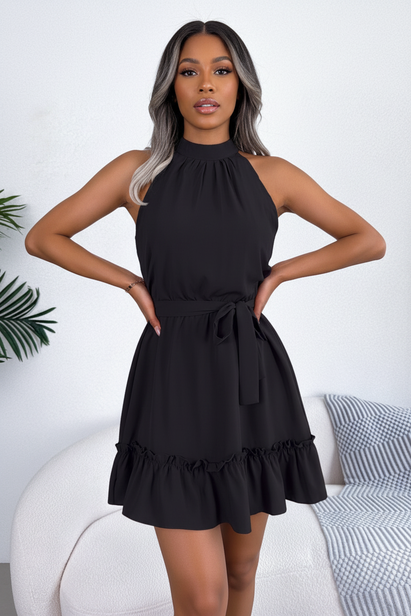  Mannequin portant la Robe Col Halter Ourlet Volants Black-Coat noire - vue de face montrant le col halter élégant et la ceinture