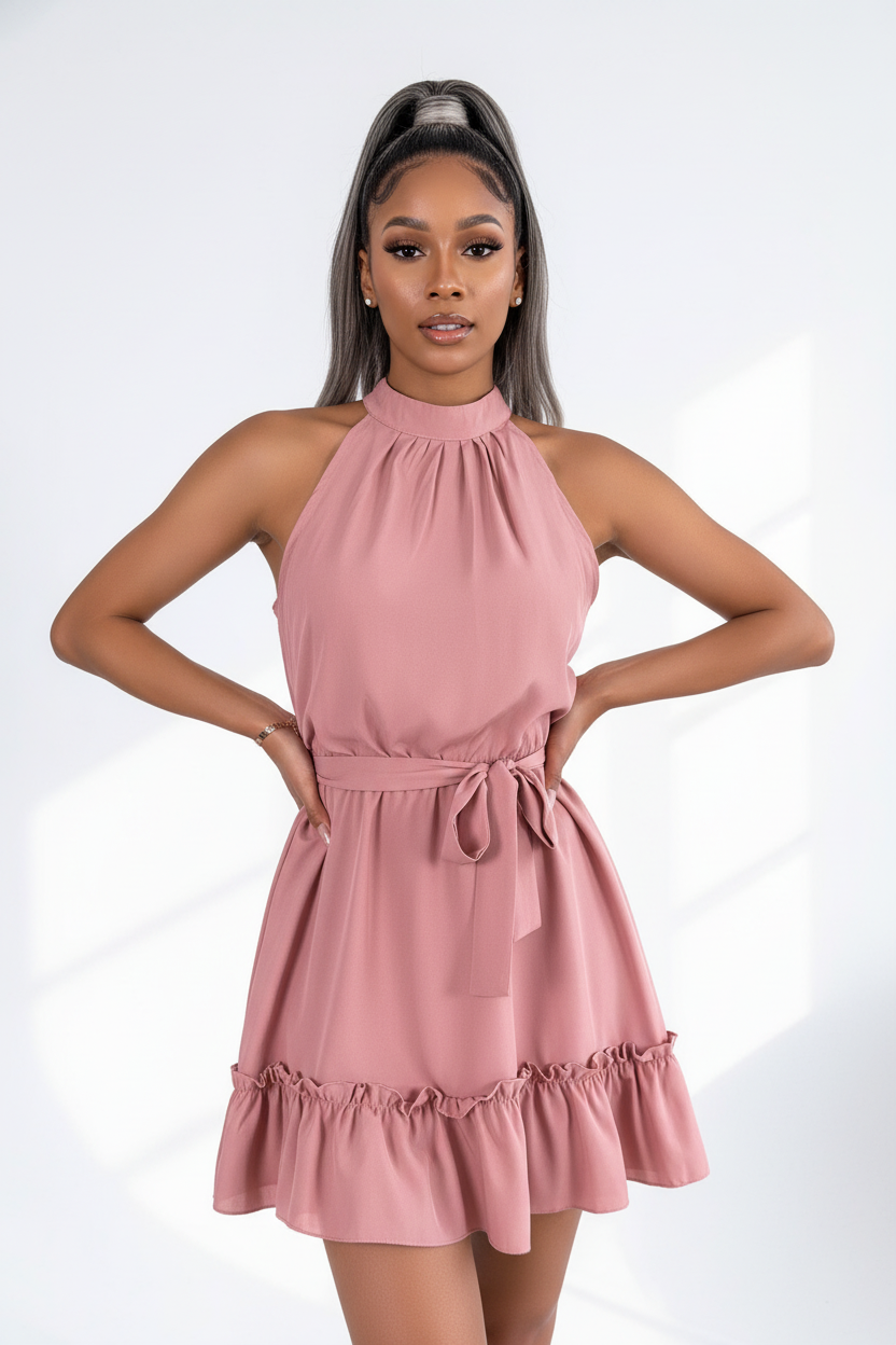  Mannequin portant la Robe Col Halter Ourlet Volants Black-Coat rose - vue de face montrant le col halter et la ceinture nouée