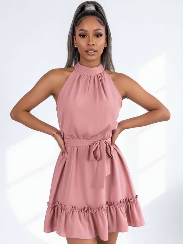 Robe Col Halter Ourlet à Volants Coupe A-Line - L'Élégance Féminine