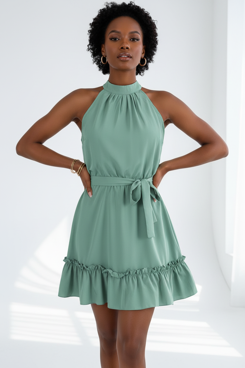  Mannequin portant la Robe Col Halter Ourlet Volants Black-Coat vert menthe - vue de face montrant le col halter et l'ourlet à volants