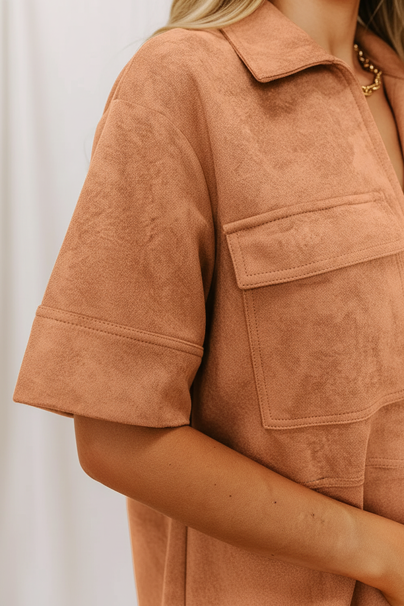 Robe femme col Johnny manches courtes poches ocre terracotta - détail rapproché des manches courtes pratiques féminines, confort et liberté de mouvement, texture polyester sur les manches, construction soignée - BLACK-COAT