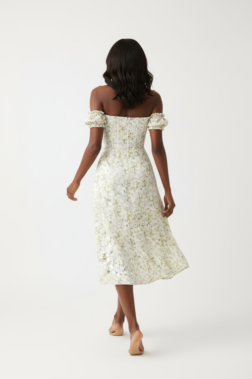  Robe Corset Ivoire – Épaules Dénudées, Allure Conquérante
Alt : Vue de dos d'une mannequin portant une robe midi épaules dénudées ivoire à imprimé floral jaune et vert — manches bouffantes à volants off-shoulder, corsage corset ajusté, jupe midi avec fente latérale en mouvement sur fond blanc. Silhouette élancée et romantique pour cérémonie ou soirée chic.