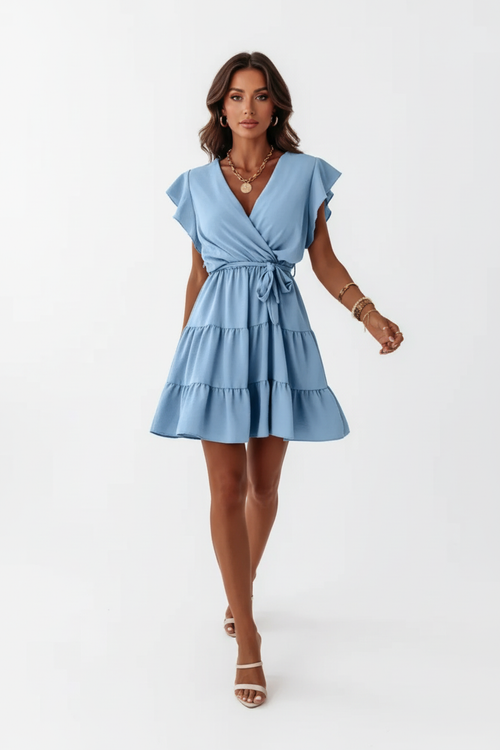 Mini-Stufenkleid mit Rüschenärmeln und Gürtel – Romantisches Damenkleid, Größen S–2XL