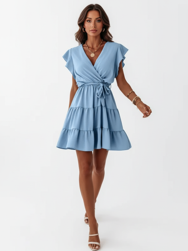 Robe Mini Étagée Manches Volantées Ceinture - Robe Femme Romantique S-2XL