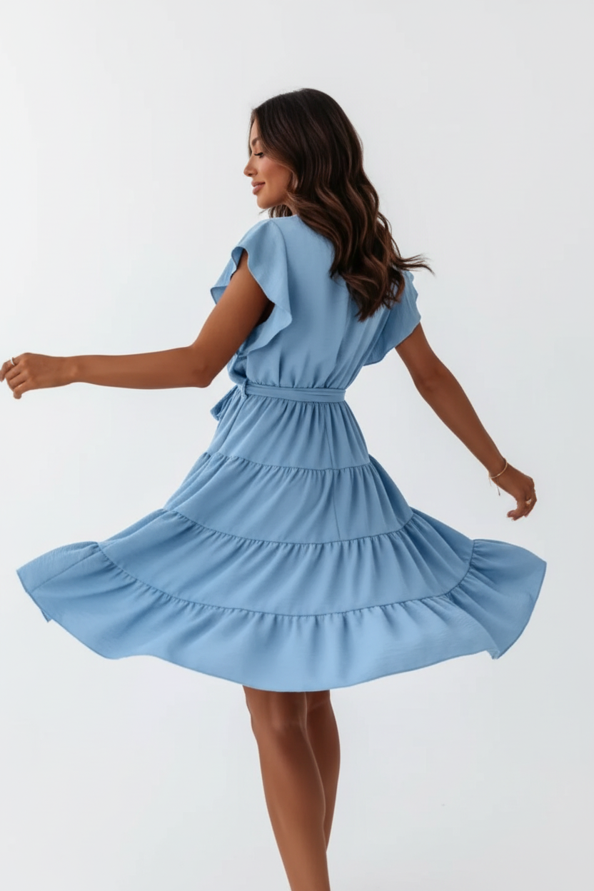 Robe mini étagée manches volantées bleu clair avec ceinture à nouer - mannequin tournoyant en mouvement montrant la jupe étagée s'évasant magnifiquement, volants créant mouvement dynamique romantique, manches volantées, ceinture à la taille, effet tourbillon gracieux féminin - BLACK-COAT
