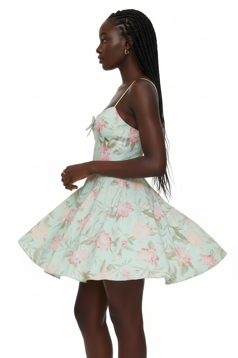 Mannequin de profil en mouvement portant la robe mini fleurie bretelles spaghetti vert menthe Black-Coat, vue latérale — silhouette élégante et romantique mise en valeur par l'angle de profil, imprimé floral pastel visible dans toute sa délicatesse, corsage ajusté dévoilant la taille 
