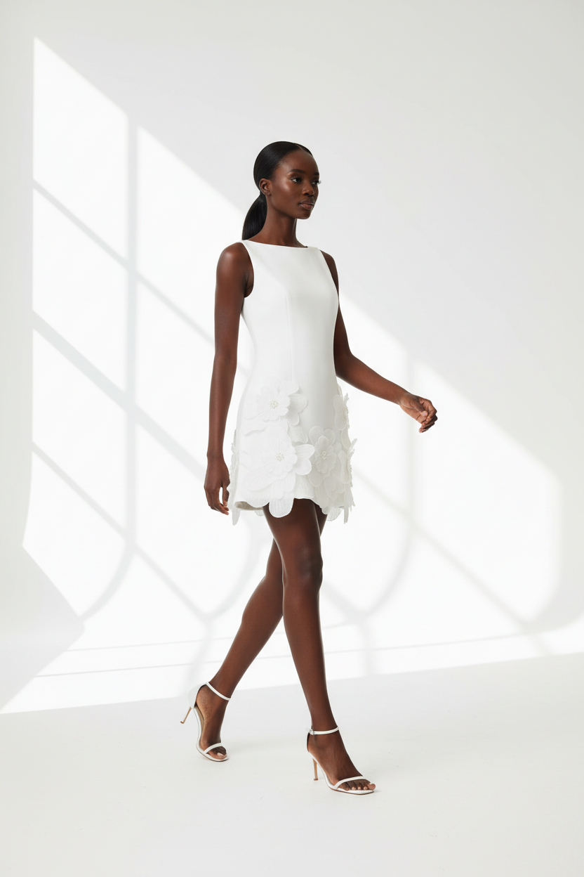  Robe Sans Manches Fleurs 3D Black-Coat blanche - vue trois-quarts révélant les détails floraux sculptés