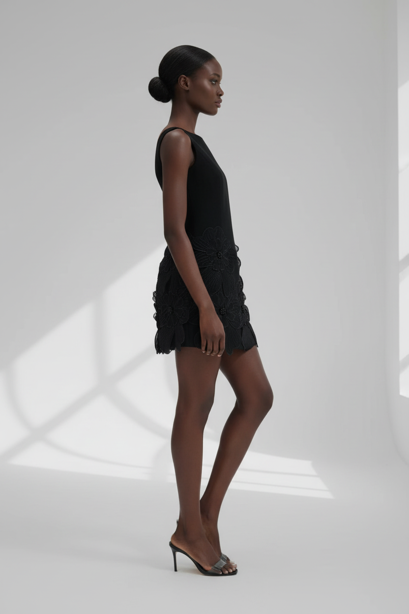  Robe Sans Manches Fleurs 3D Black-Coat noire - vue de profil dévoilant la silhouette A-line élégante