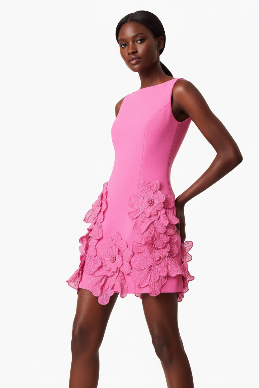 : Robe Sans Manches Fleurs 3D Black-Coat rose clair - angle diagonal révélant les détails floraux sculptés