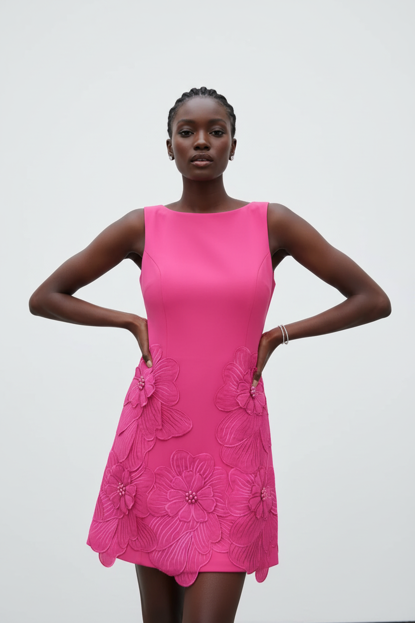 Mannequin portant la Robe Sans Manches Fleurs 3D Black-Coat rose fuchsia - vue de face montrant les fleurs 3D vibrantes