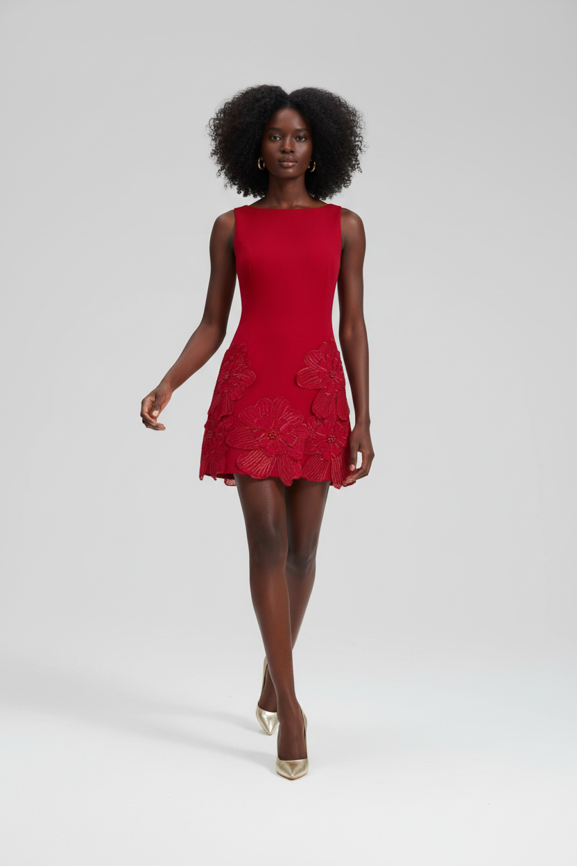  Robe Sans Manches Fleurs 3D Black-Coat rouge - vue en marche illustrant l'élégance sophistiquée