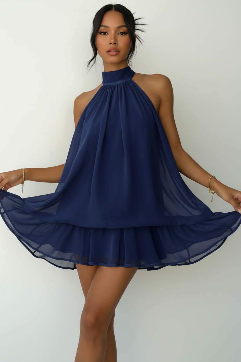 Robe mini halter Black-Coat avec double étage de volants - angle diagonal dynamique d'une mannequin en pose sophistiquée sur fond blanc studio, mettant en valeur la coupe moderne halter neck, la silhouette flatteuse sans doublure et les proportions équilibrées entre le haut ajusté et la jupe à volants
