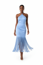 Robe Maxi Halter Cou Croisé Franges Dramatiques Dos Ouvert