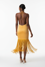 Robe Maxi Halter Cou Croisé Franges Dramatiques Dos Ouvert