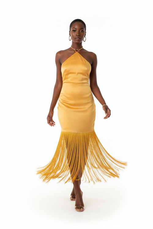 Robe Maxi Halter Cou Croisé Franges Dramatiques Dos Ouvert