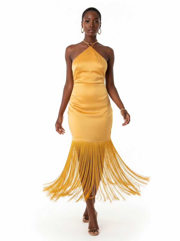 Robe Maxi Halter Cou Croisé Franges Dramatiques Dos Ouvert