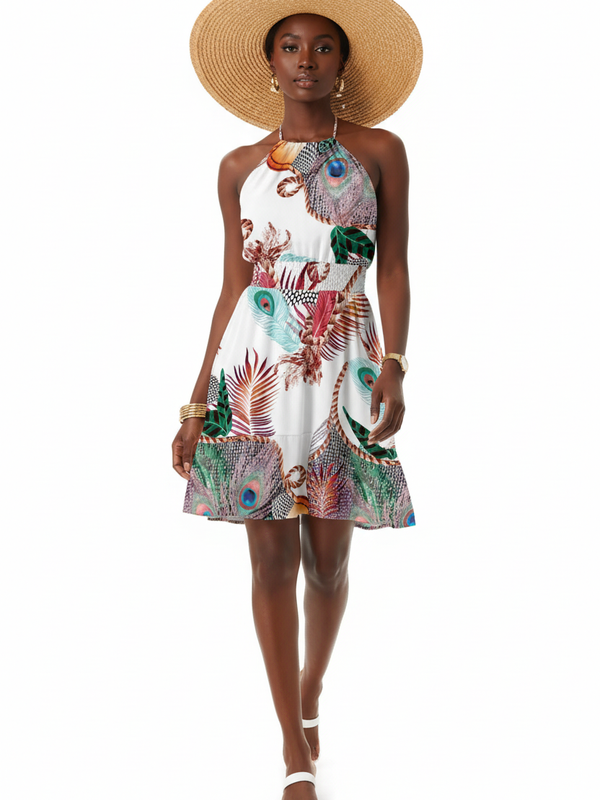 Robe Mini Halter Bohème Imprimée Taille Smockée Jupe Étagée Volantée | Silhouette-Chic