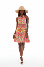 Robe Mini Halter Bohème Imprimée Taille Smockée Jupe Étagée Volantée | Silhouette-Chic
