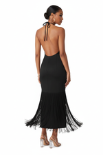 Robe Maxi Halter Cou Croisé Franges Dramatiques Dos Ouvert