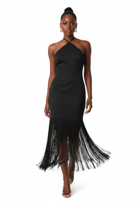 Robe Maxi Halter Cou Croisé Franges Dramatiques Dos Ouvert