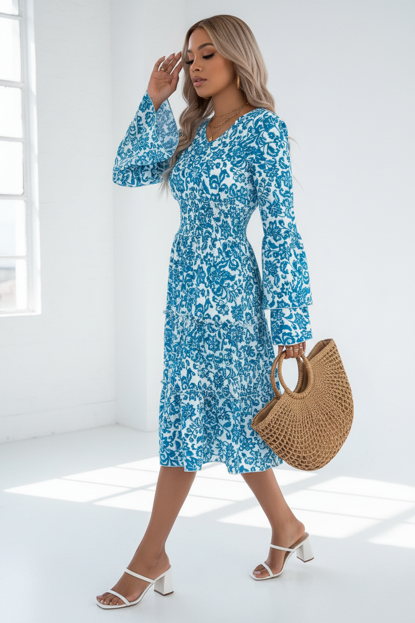  Robe Imprimé Floral Smockée Volants Black-Coat bleu et blanc - vue trois-quarts révélant l'ourlet à volants et l'imprimé floral