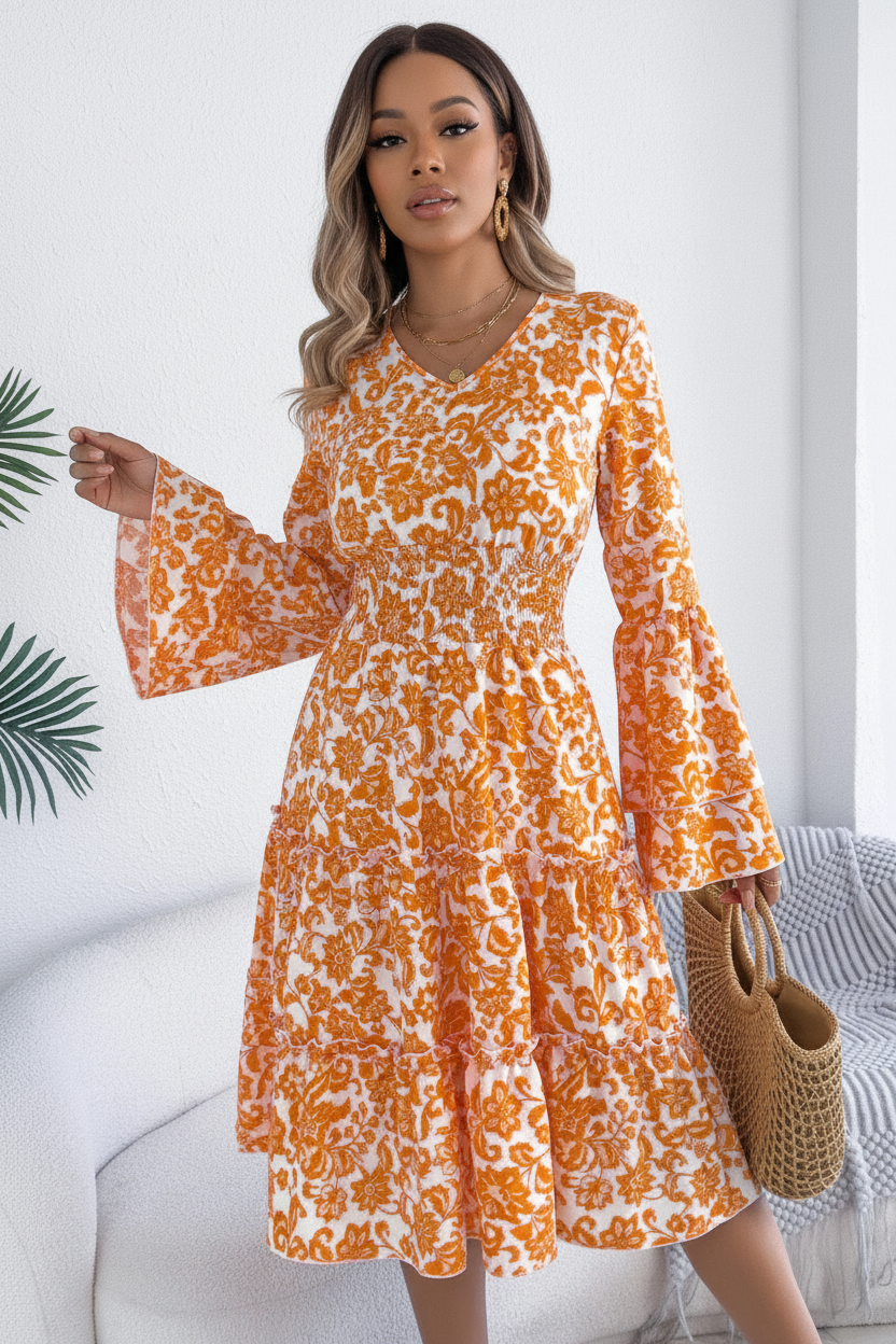  Robe Imprimé Floral Smockée Volants Black-Coat orange - angle diagonal révélant l'imprimé floral vibrant et les volants