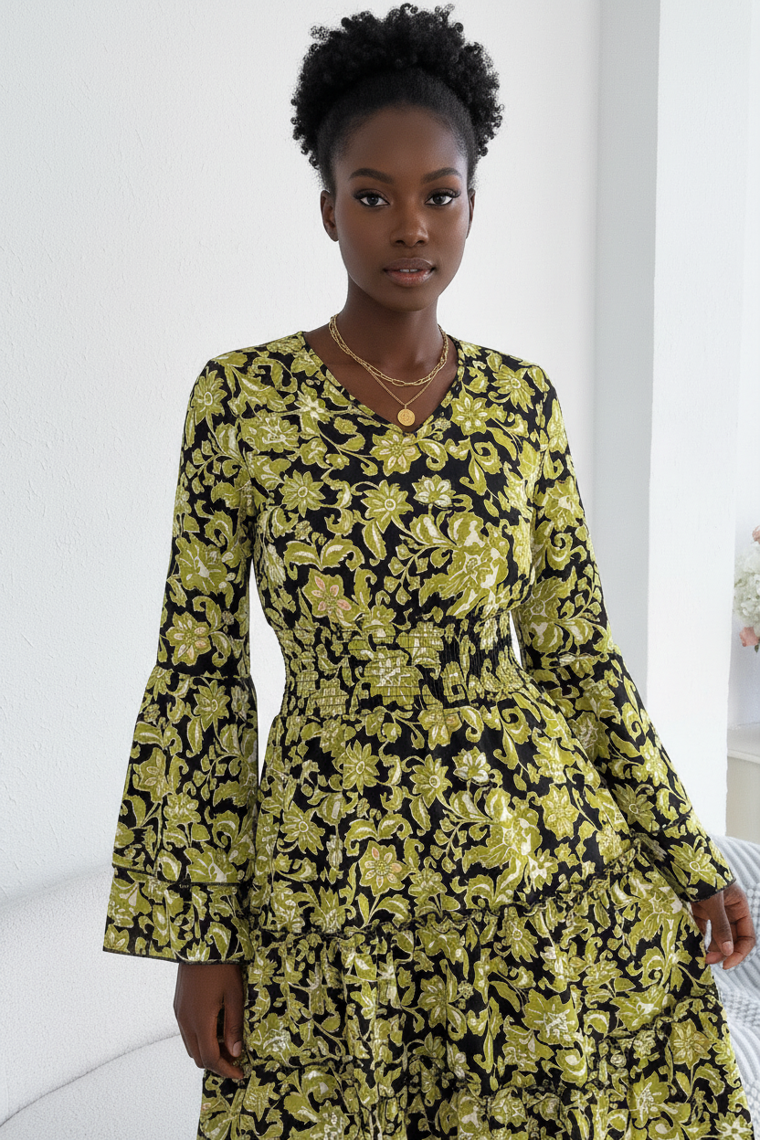 Détail du décolleté en V et des manches évasées de la Robe Imprimé Floral Black-Coat vert jaune - montrant la finition premium