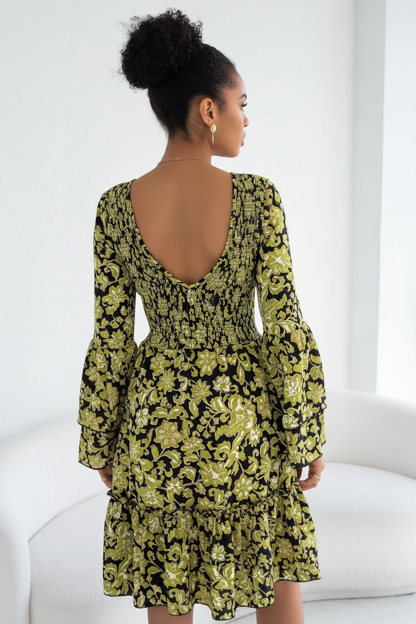  Détails dos de la Robe Imprimé Floral Smockée Volants Black-Coat vert jaune - montrant l'ourlet à volants et la silhouette