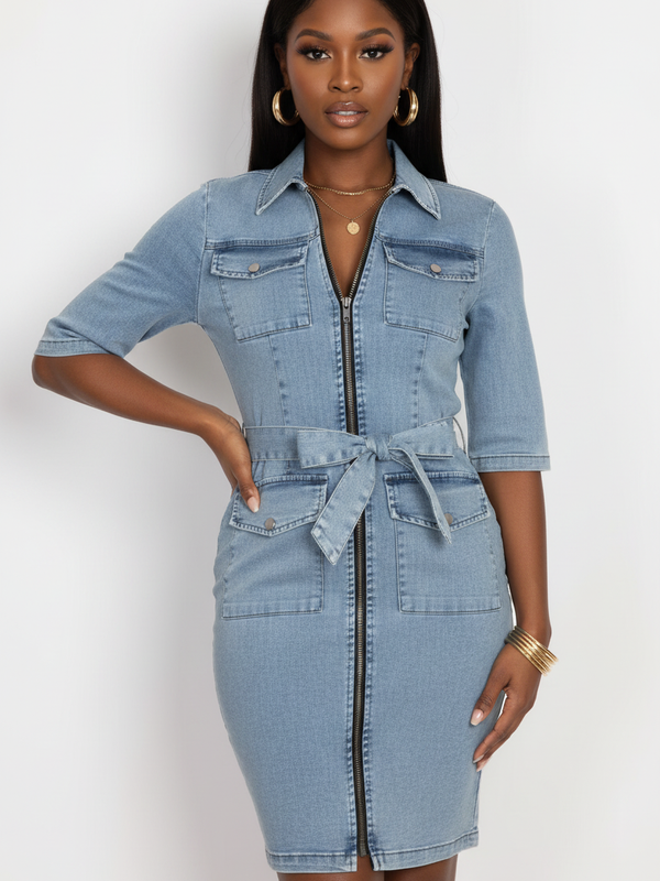 Robe en Jean Zippée à Manches Courtes — Style Urbain Chic