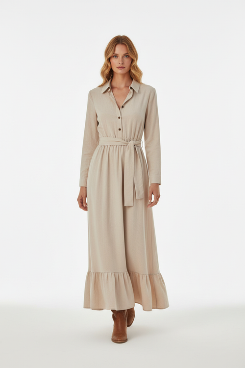 Robe Longue Ceinture à Nouer Volants - Fluidité & Romantisme Élégant | Silhouette-Chic