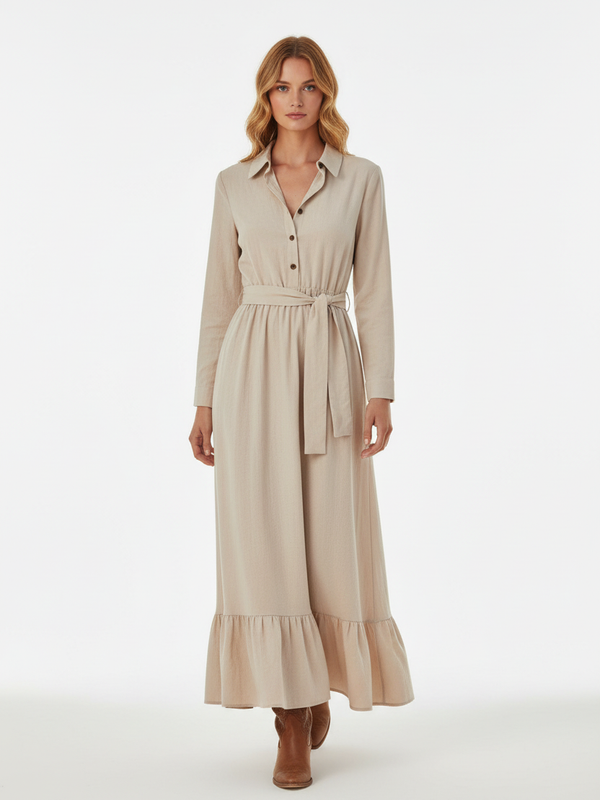Robe Longue Ceinture à Nouer Volants - Fluidité & Romantisme Élégant | Silhouette-Chic