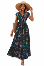 Robe Maxi Imprimée Col V Manches Courtes Taille Smockée Bohème | Silhouette-Chic
