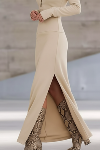 Robe Maxi Beige Col Zippé Manches Longues Fente | Silhouette-Chic