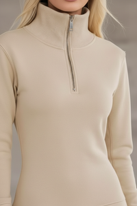 Robe Maxi Beige Col Zippé Manches Longues Fente | Silhouette-Chic