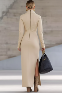 Robe Maxi Beige Col Zippé Manches Longues Fente | Silhouette-Chic