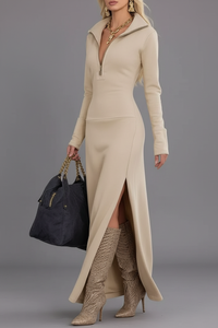 Robe Maxi Beige Col Zippé Manches Longues Fente | Silhouette-Chic