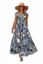 Robe Maxi Imprimée Col V Manches Courtes Taille Smockée Bohème | Silhouette-Chic