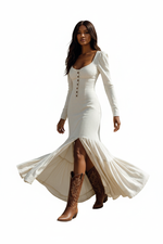 Robe Maxi Bohème à Fente, Manches Longues et Volants — Âme Libre