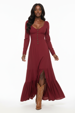 Robe Maxi Bohème à Fente, Manches Longues et Volants — Âme Libre