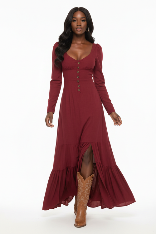 Robe Maxi Bohème à Fente, Manches Longues et Volants — Âme Libre