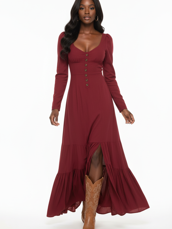 Robe Maxi Bohème à Fente, Manches Longues et Volants — Âme Libre