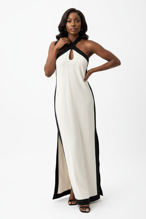 Robe Maxi Dos Ouvert Contrastée Col Halter — L'Élégance Audacieuse | Silhouette-Chic
