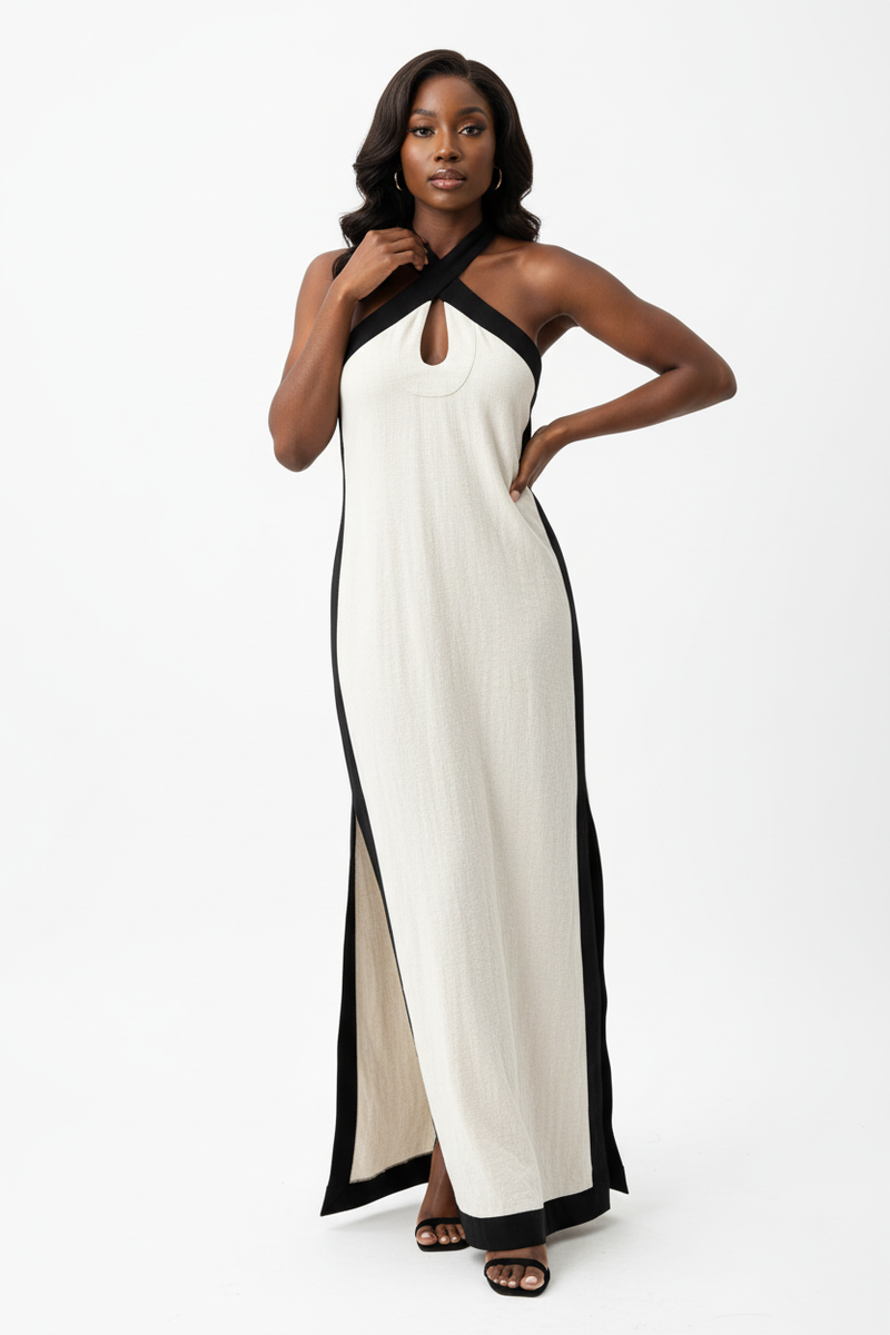 Robe Maxi Dos Ouvert Contrastée Col Halter — L'Élégance Audacieuse | Silhouette-Chic