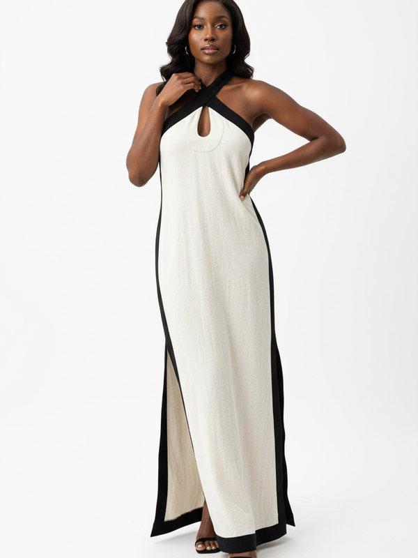 Robe Maxi Dos Ouvert Contrastée Col Halter — L'Élégance Audacieuse | Silhouette-Chic
