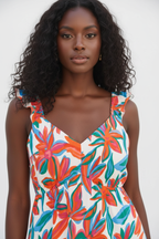 Détail du décolleté en V et des bretelles volantées de la Robe Maxi Black-Coat multicolore - montrant la finition premium