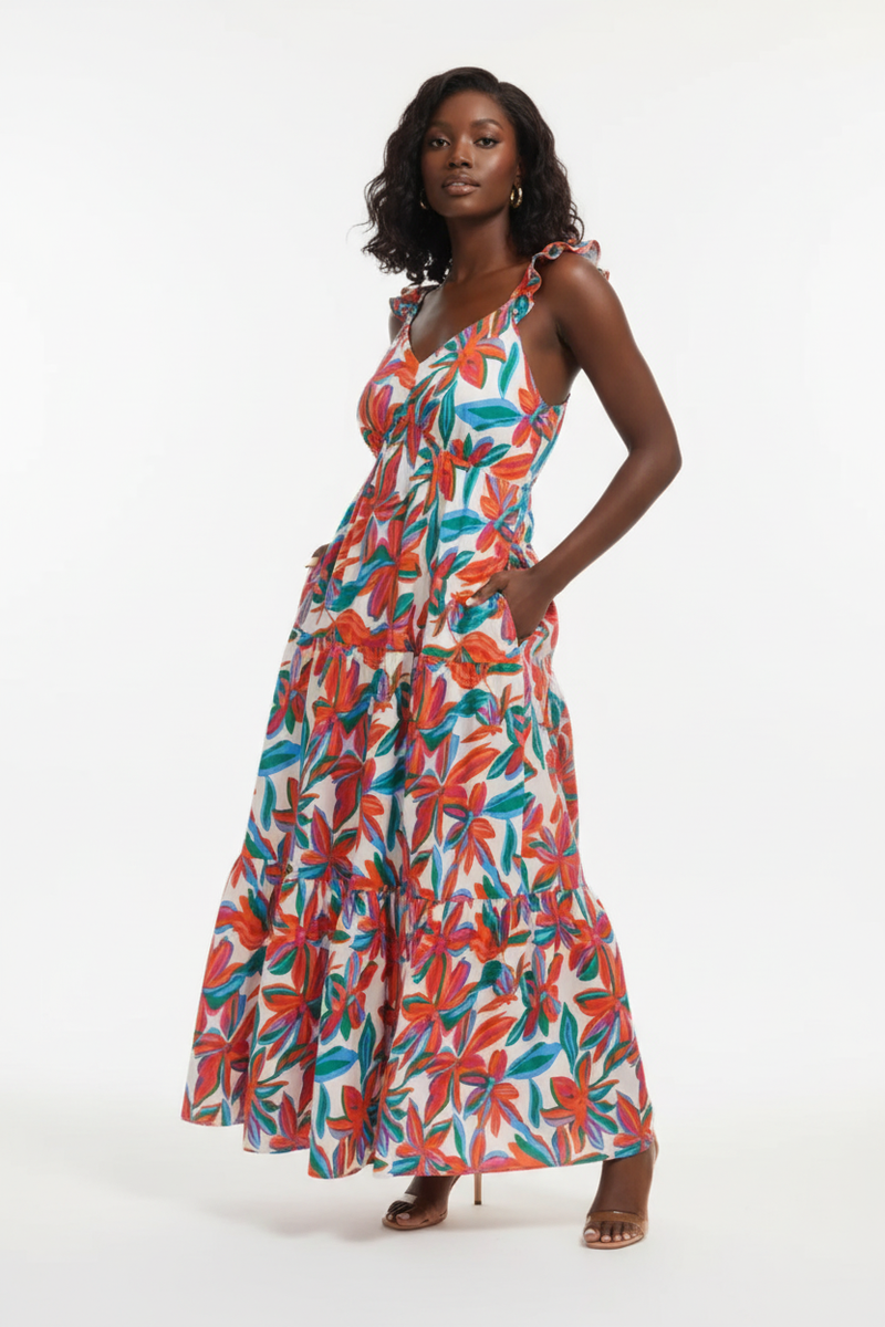 Robe Maxi Imprimé Floral Bretelles Volantées Col en V - La Joie Bohème | Silhouette-Chic