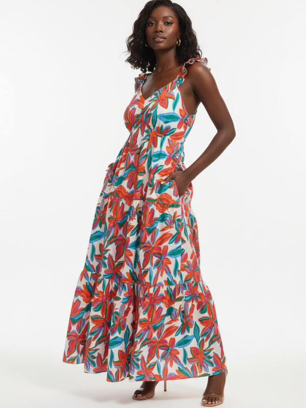 Robe Maxi Imprimé Floral Bretelles Volantées Col en V - La Joie Bohème | Silhouette-Chic