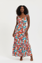 Mannequin portant la Robe Maxi Imprimé Floral Black-Coat multicolore - vue de face montrant le décolleté en V, les bretelles volantées et la taille smockée