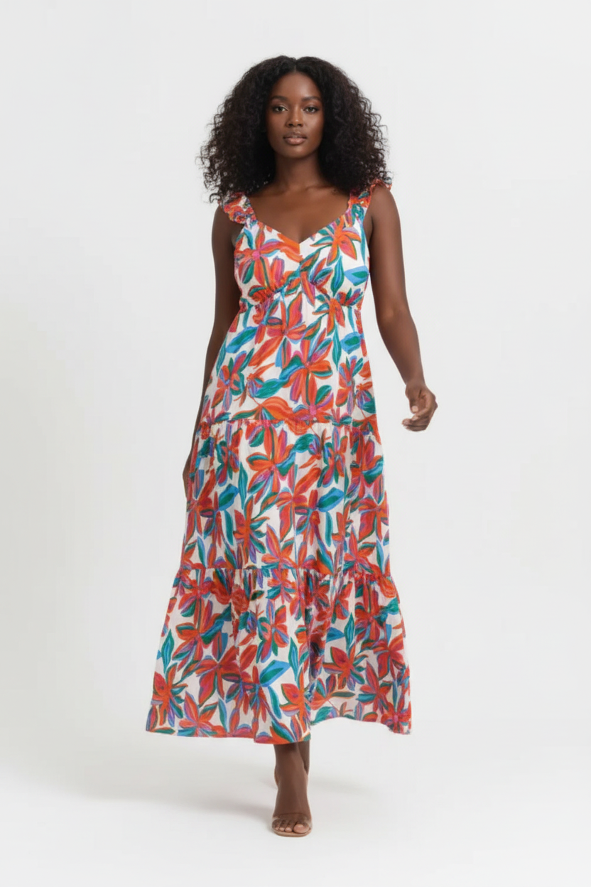  Robe Maxi Imprimé Floral Black-Coat multicolore - vue en marche illustrant l'élégance bohème et l'allure confiante